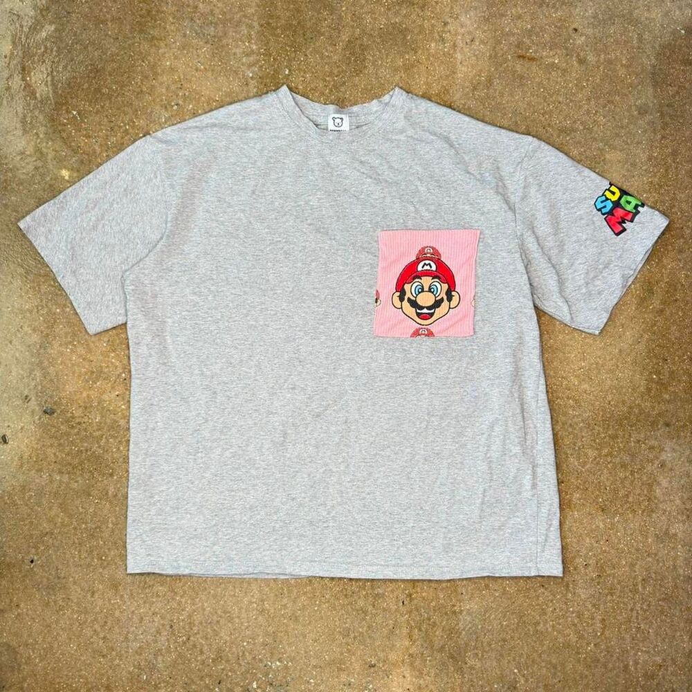 Super Mario Graphic T Shirt Mens Gray Embroidered Pocket Nintendo Tee Streetwear